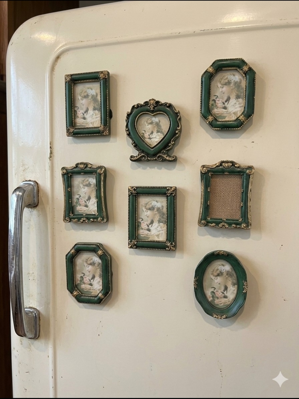 Set of 8 Mini Vintage Frames – Ornate Gold & Green – Cottagecore Wall or Magnet